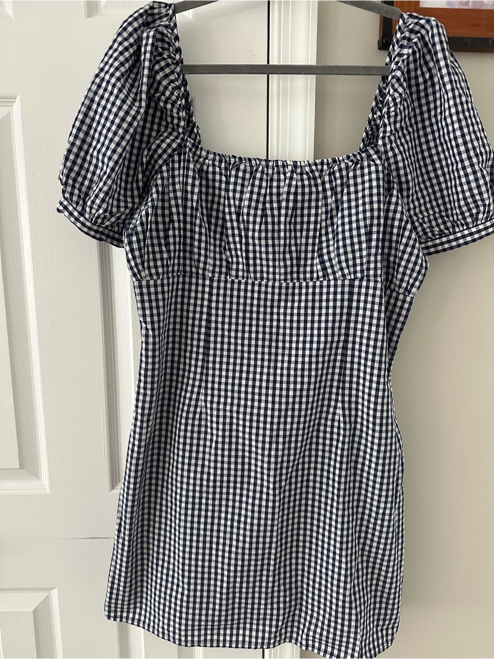 Forever That Girl Navy Gingham Puff-Sleeve Square Neck Dress